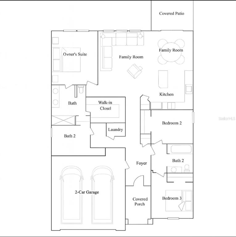 This is a floor plan for a single-story house with three bedrooms and a garage — 203 BRAVE ROAD, DAVENPORT, FL