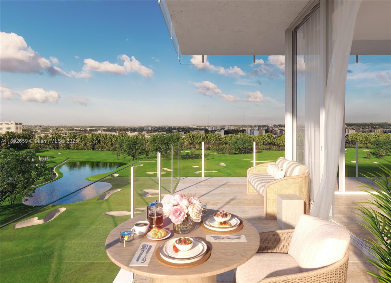 This rendering shows a balcony overlooking a golf course with a table set for breakfast — 501 Diplomat Parkway, Hallandale Beach FL 33009, HALLANDALE BEACH, FL