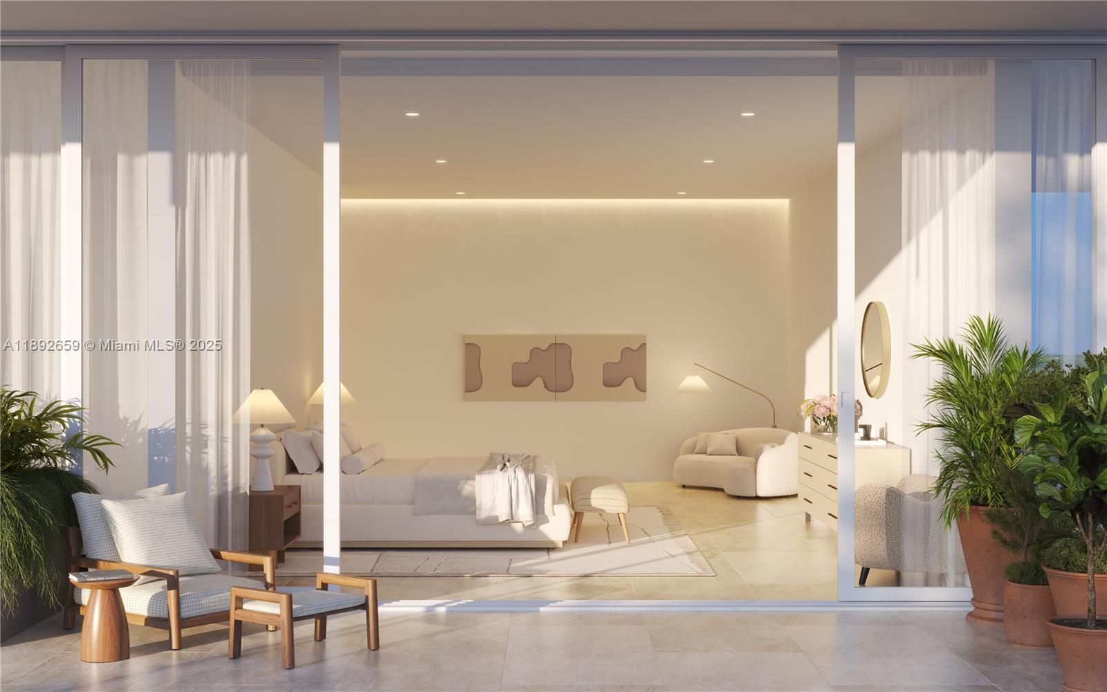 This rendering shows a modern bedroom with neutral tones, a balcony, and sliding glass doors — 501 Diplomat Parkway, Hallandale Beach FL 33009, HALLANDALE BEACH, FL