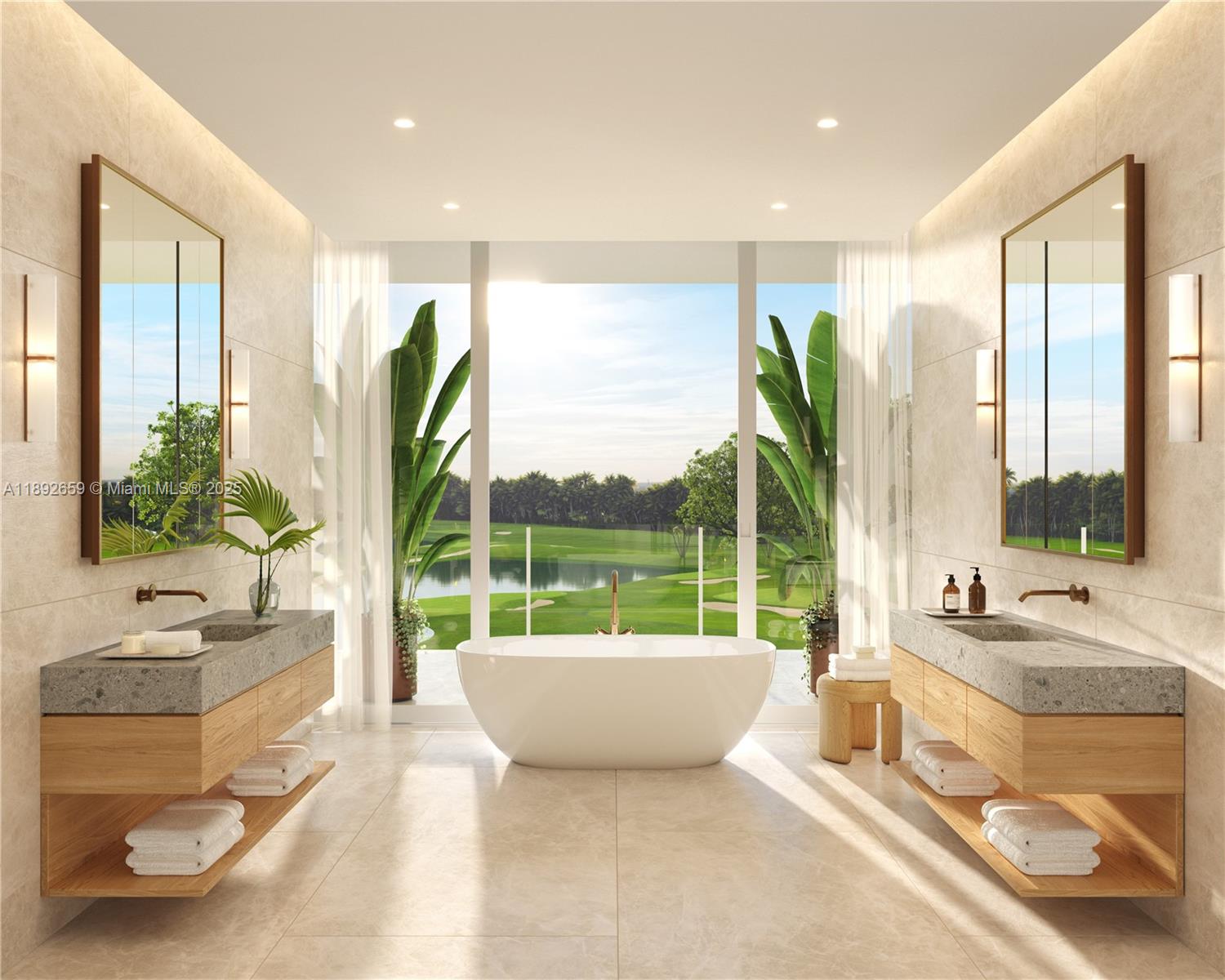 This rendering shows a modern bathroom with dual vanities, a central soaking tub, and floor-to-ceiling windows — 501 Diplomat Parkway, Hallandale Beach FL 33009, HALLANDALE BEACH, FL