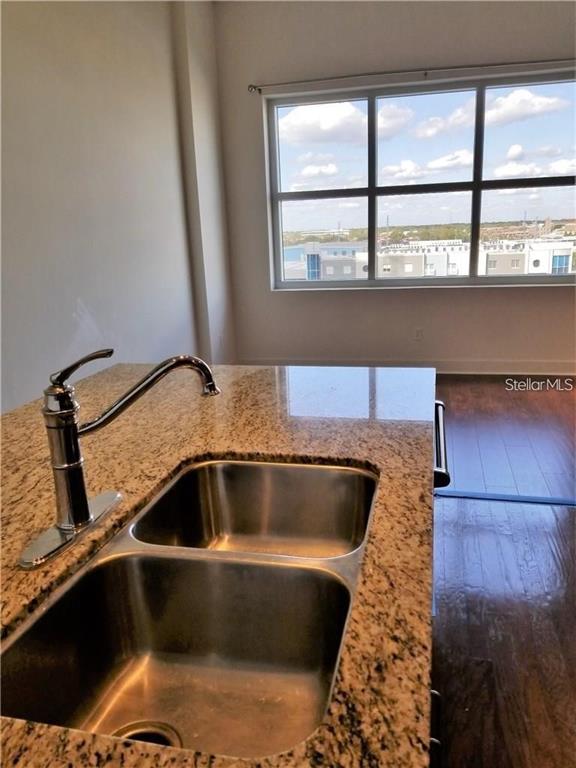 A kitchen sink with a chrome faucet sits in a granite countertop before a window — 1208 E KENNEDY BOULEVARD UNIT 825E, TAMPA, FL