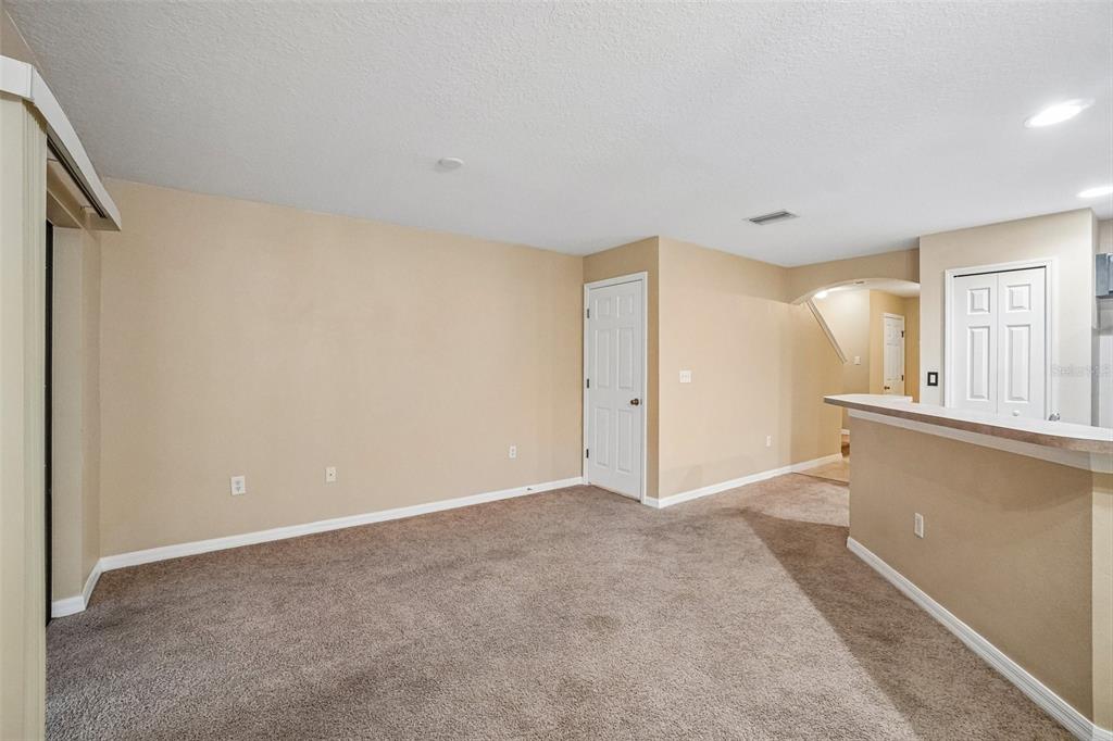 An empty room with beige walls, brown carpeting, a white door, and a kitchen counter — 2516 OLEANDER LAKES DRIVE, BRANDON, FL