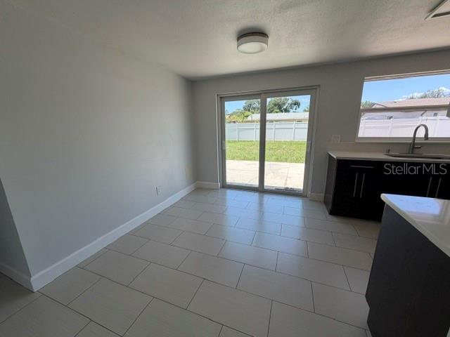 A dining area features light gray walls, large floor tiles, and a sliding glass door — 7904 WOODVINE CIRCLE, TAMPA, FL