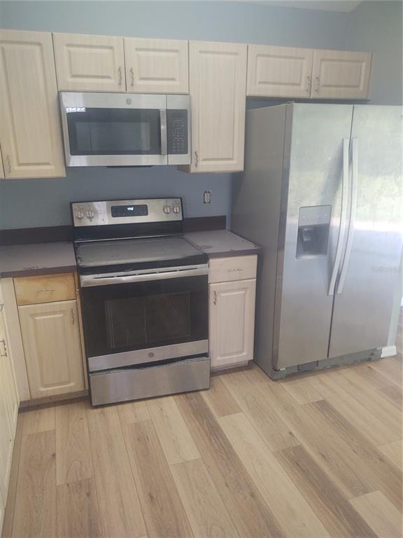 A kitchen features light wood cabinets, stainless steel appliances, and light-colored wood-look flooring — 5707 TANAGERLAKE ROAD, LITHIA, FL