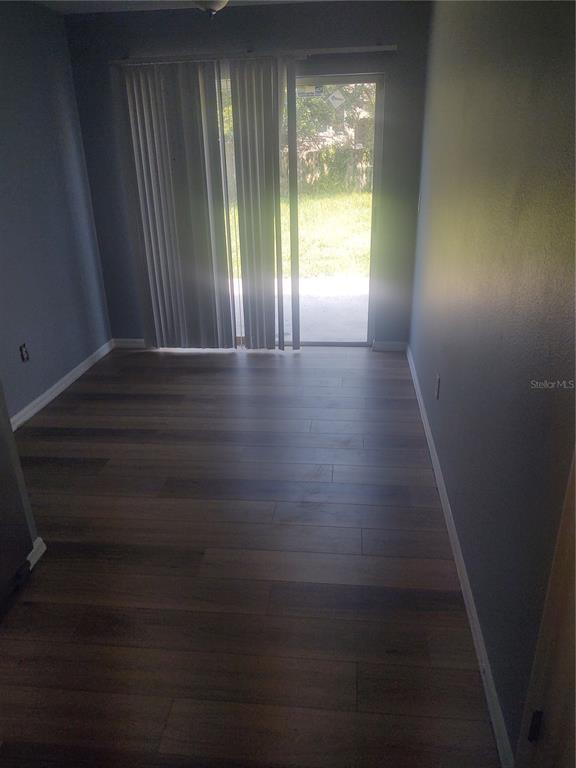 A room with dark wood-look flooring, blue walls, and a sliding glass door to outside — 5707 TANAGERLAKE ROAD, LITHIA, FL