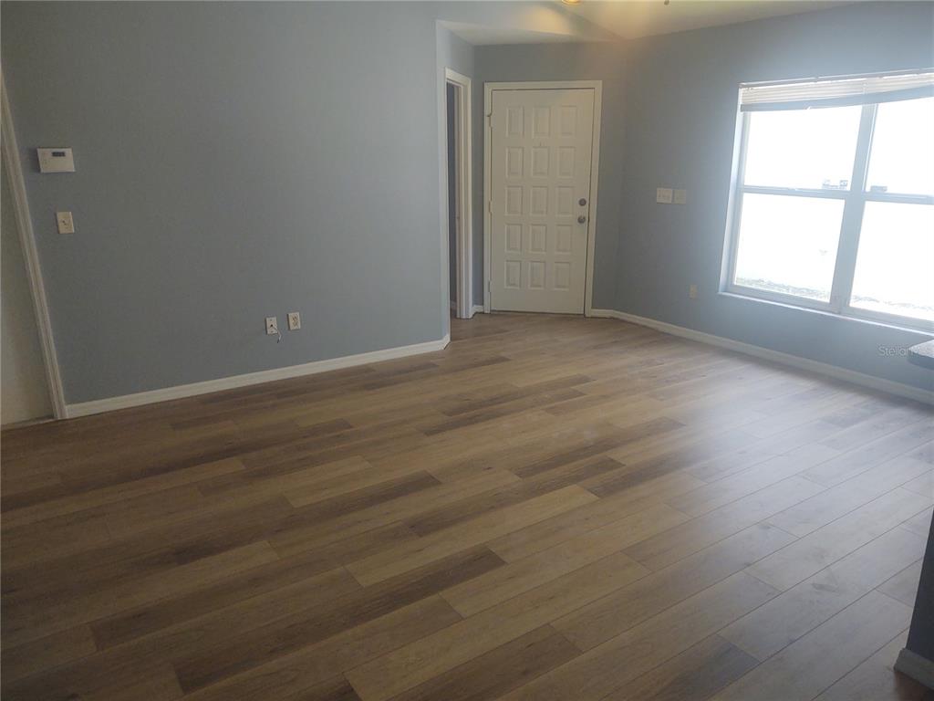 An empty room features light blue walls, wood-look flooring, a white door, and a window — 5707 TANAGERLAKE ROAD, LITHIA, FL