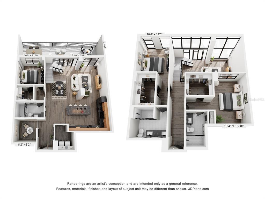This is a 3D floor plan rendering of a two-story apartment with two bedrooms — 221 MAIN STREET N UNIT PH 1612, ST PETERSBURG, FL