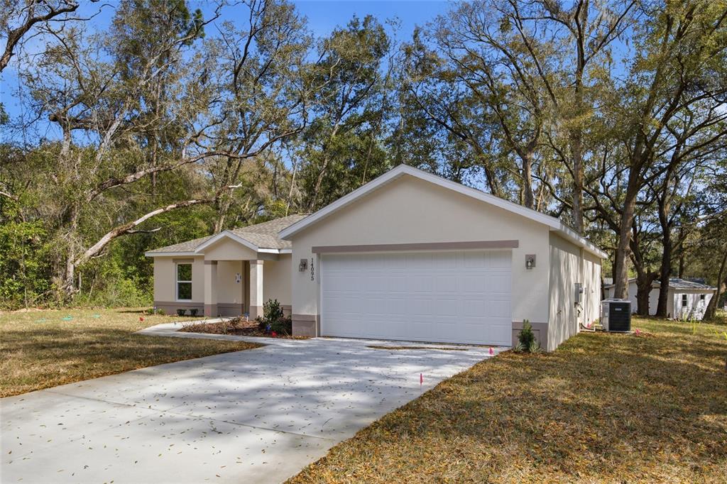 A single-story house with a white garage door, beige stucco exterior, and a concrete driveway — 14095 SE 27TH COURT, SUMMERFIELD, FL