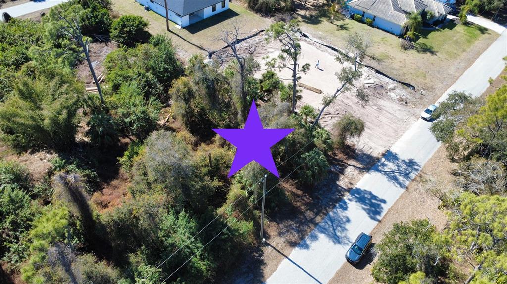 An aerial view shows a wooded residential lot with a purple star overlay — 17213 FALLKIRK AVENUE, PORT CHARLOTTE, FL