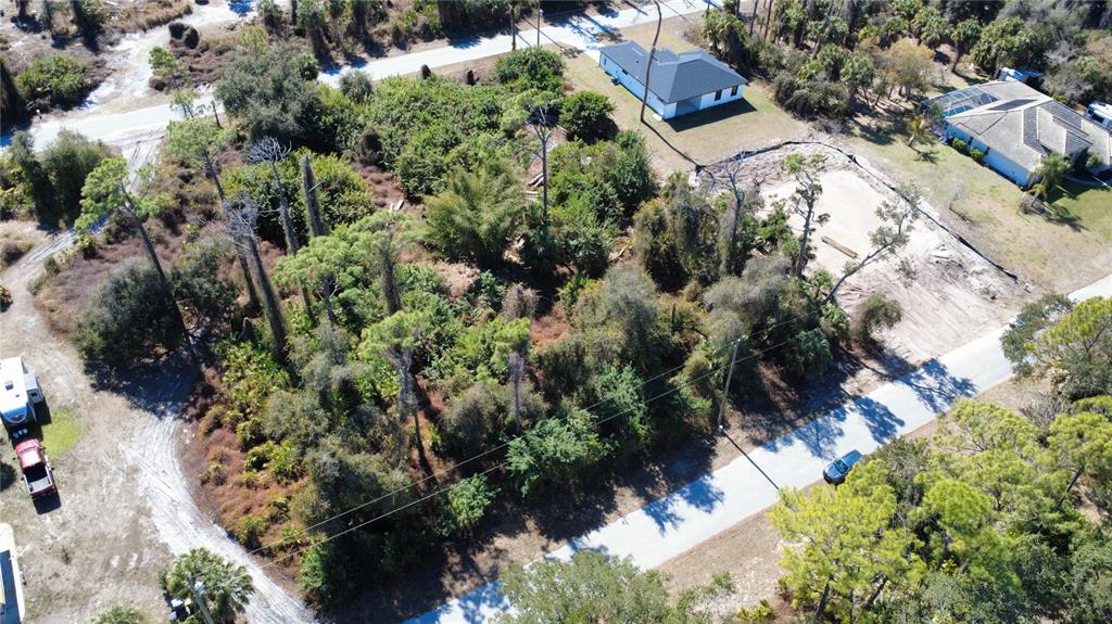 An aerial view shows a wooded residential lot situated between two houses and a paved road — 17213 FALLKIRK AVENUE, PORT CHARLOTTE, FL
