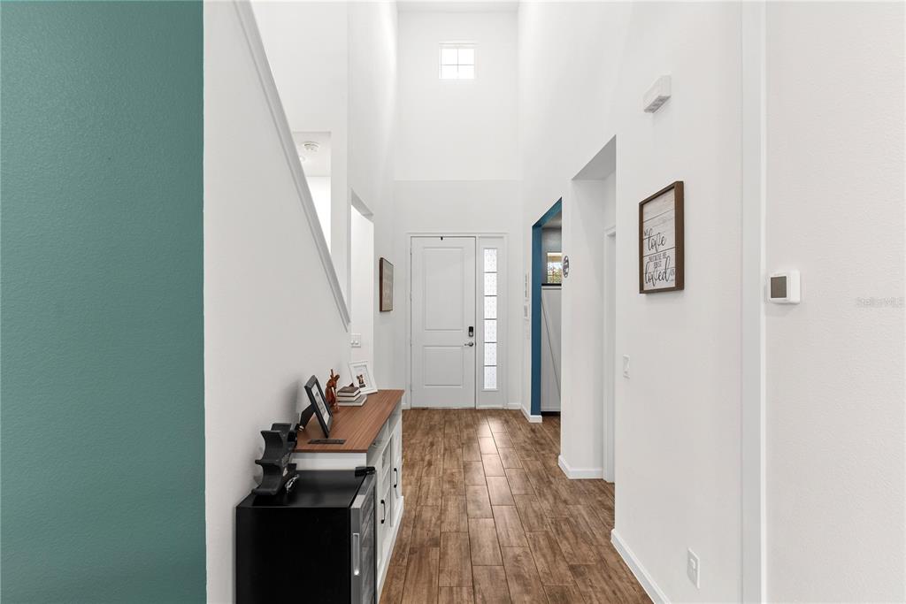 A bright entryway features high ceilings, wood-look tile flooring, and a white front door — 2527 NATOMA BOULEVARD, MOUNT DORA, FL