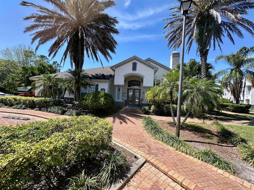 A brick walkway leads to the entrance of a building surrounded by palm trees — 4332 S KIRKMAN ROAD UNIT 1004, ORLANDO, FL