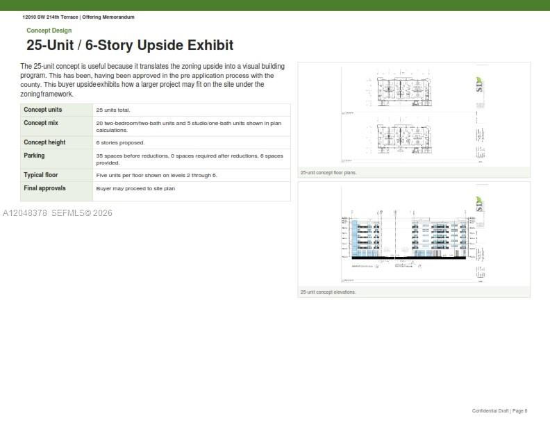 This document displays a concept design rendering for a 25-unit, 6-story residential building project — 12010 SW 214th Ter, Miami FL 33177, MIAMI, FL