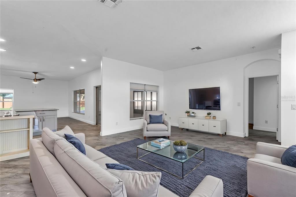 A living room features light gray walls, wood-look flooring, a blue area rug, and a television — 2031 WINTERMERE POINTE DRIVE, WINTER GARDEN, FL