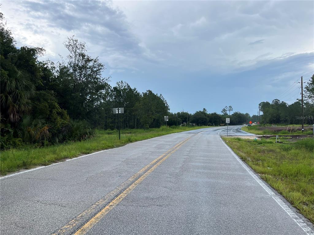A paved road stretches forward through a rural area with trees and a speed limit sign — 6883 ST JOHNS AVENUE, PALATKA, FL