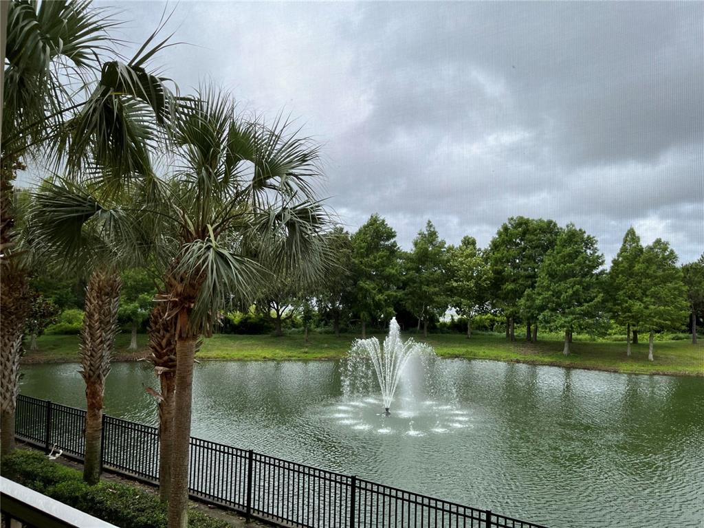 A view of a pond with a fountain, palm trees, and a black metal fence — 3368 ROBERT TRENT JONES DRIVE UNIT 20608, ORLANDO, FL