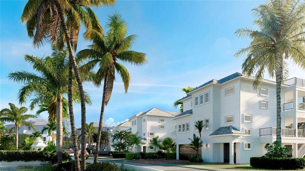 This is a digital rendering of white multi-story houses surrounded by palm trees — 6901 BOCHI CIRCLE, SARASOTA, FL