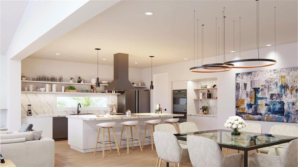This rendering shows an open-concept kitchen and dining area with white cabinetry and marble countertops — 6901 BOCHI CIRCLE, SARASOTA, FL