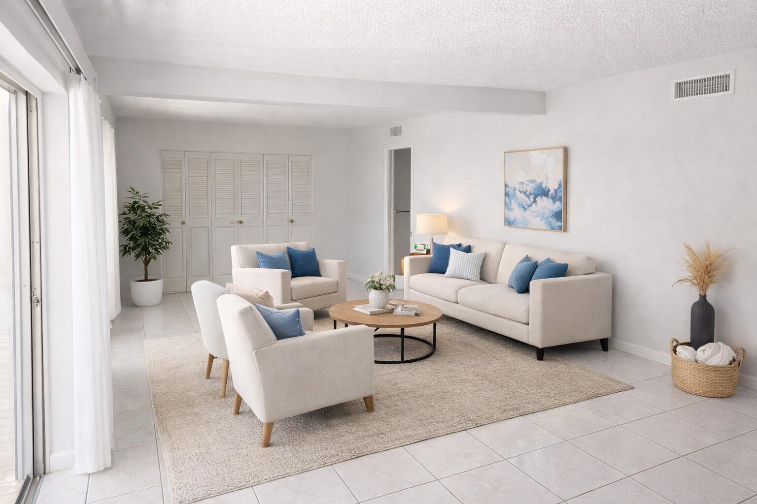 A bright living room features a beige sofa, three armchairs, and a round coffee table — 2687 Garden Drive N # 212, FL 33461, FL