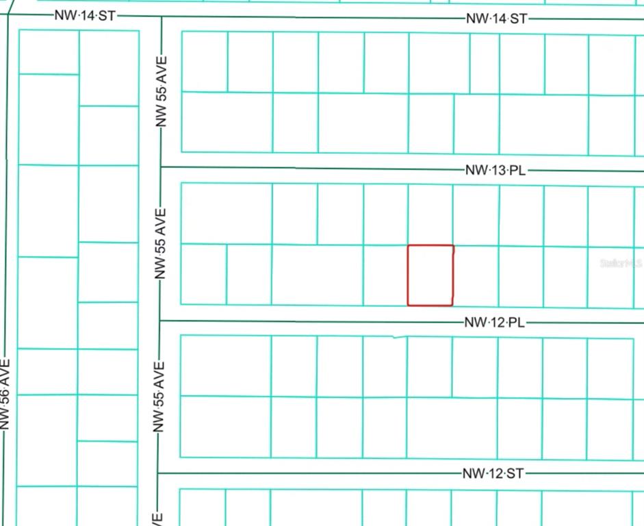 This is a map showing a highlighted rectangular property lot within a residential street grid — 5421 NW 12TH PLACE, OCALA, FL