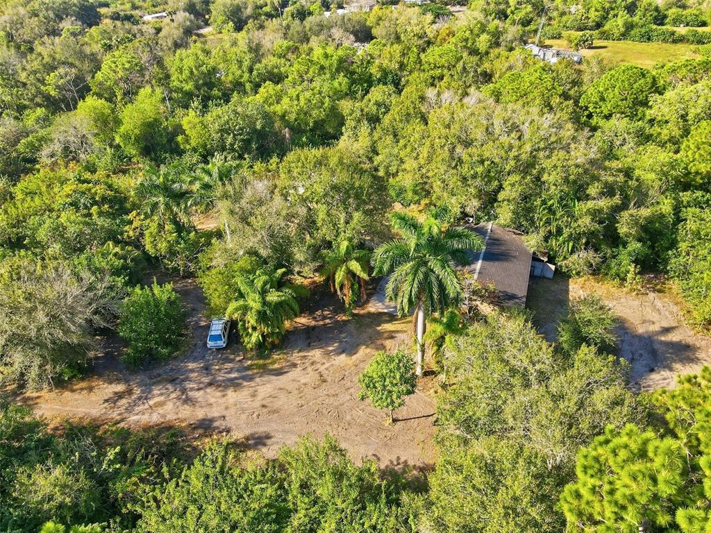 An aerial view shows a house nestled in a wooded lot with a dirt driveway — 39970 LITTLE FARM ROAD, PUNTA GORDA, FL