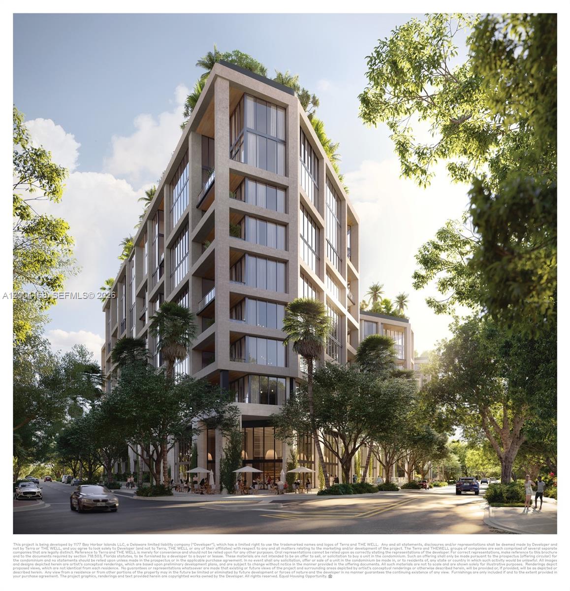 A digital rendering of a modern, multi-story residential building with balconies and surrounding palm trees — 2835 Tigertail Ave, Miami FL 33133, MIAMI, FL