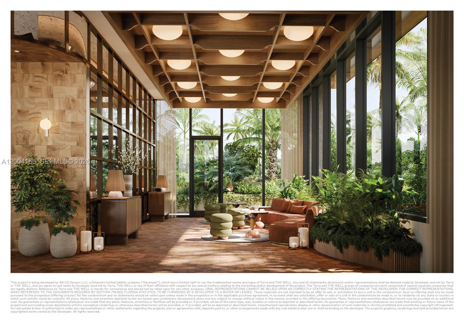 This architectural rendering shows a modern, plant-filled lounge area with a grid-patterned wooden ceiling — 2835 Tigertail Ave, Miami FL 33133, MIAMI, FL