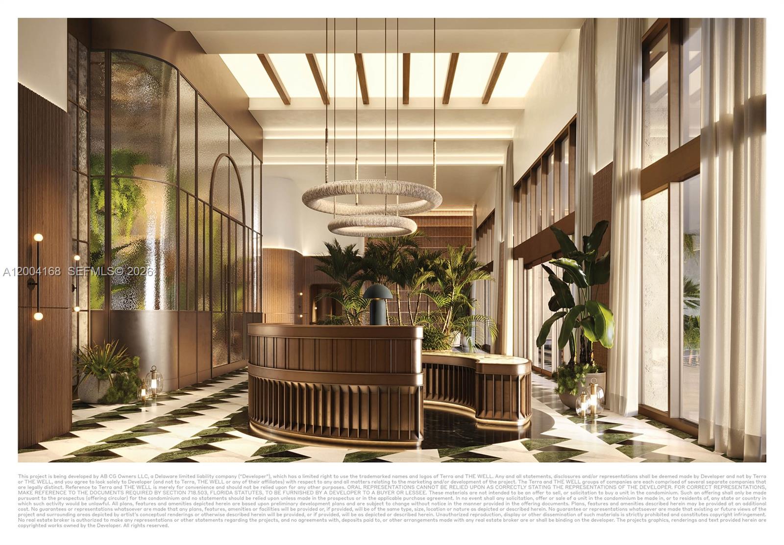 This architectural rendering shows a modern lobby with a curved reception desk and circular chandeliers — 2835 Tigertail Ave, Miami FL 33133, MIAMI, FL