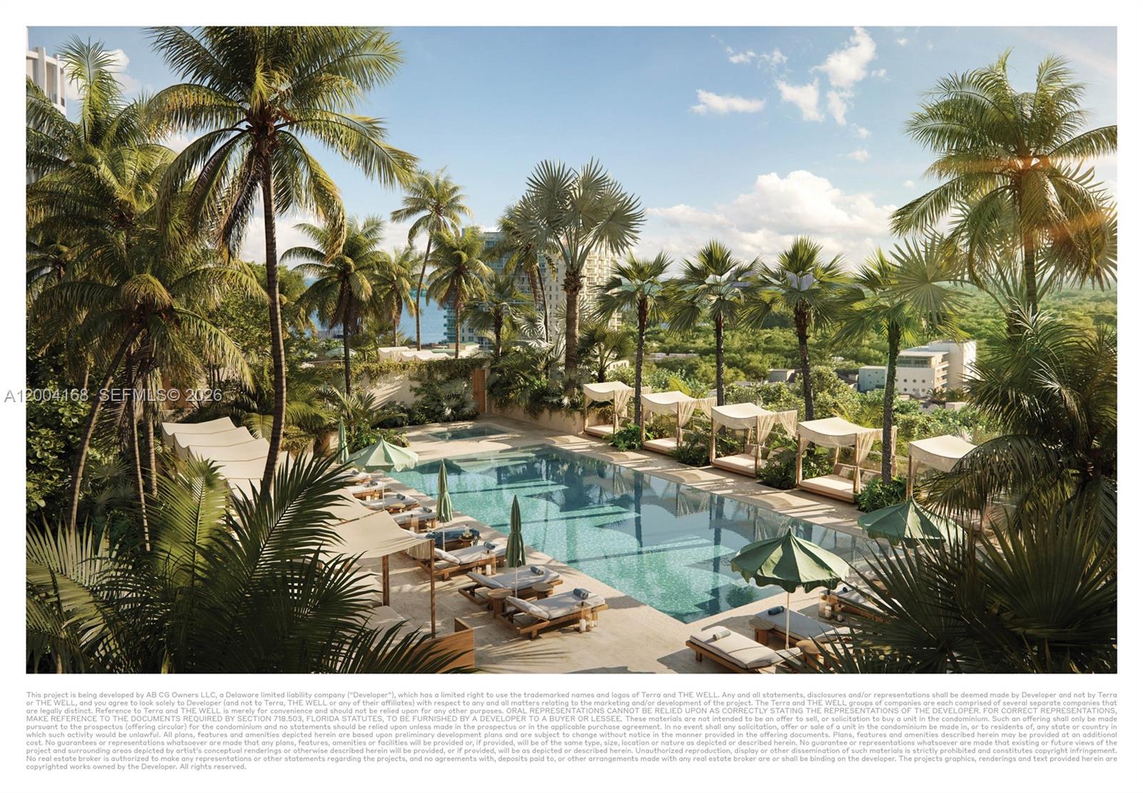 This is a rendering of an outdoor swimming pool area surrounded by palm trees and cabanas — 2835 Tigertail Ave, Miami FL 33133, MIAMI, FL