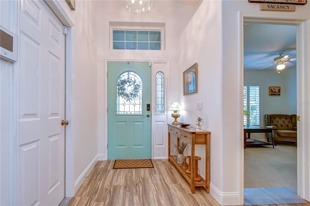 A bright entryway features a light blue front door, wood-look flooring, and a wooden console table — 5616 ROCKFIELD LOOP, VALRICO, FL