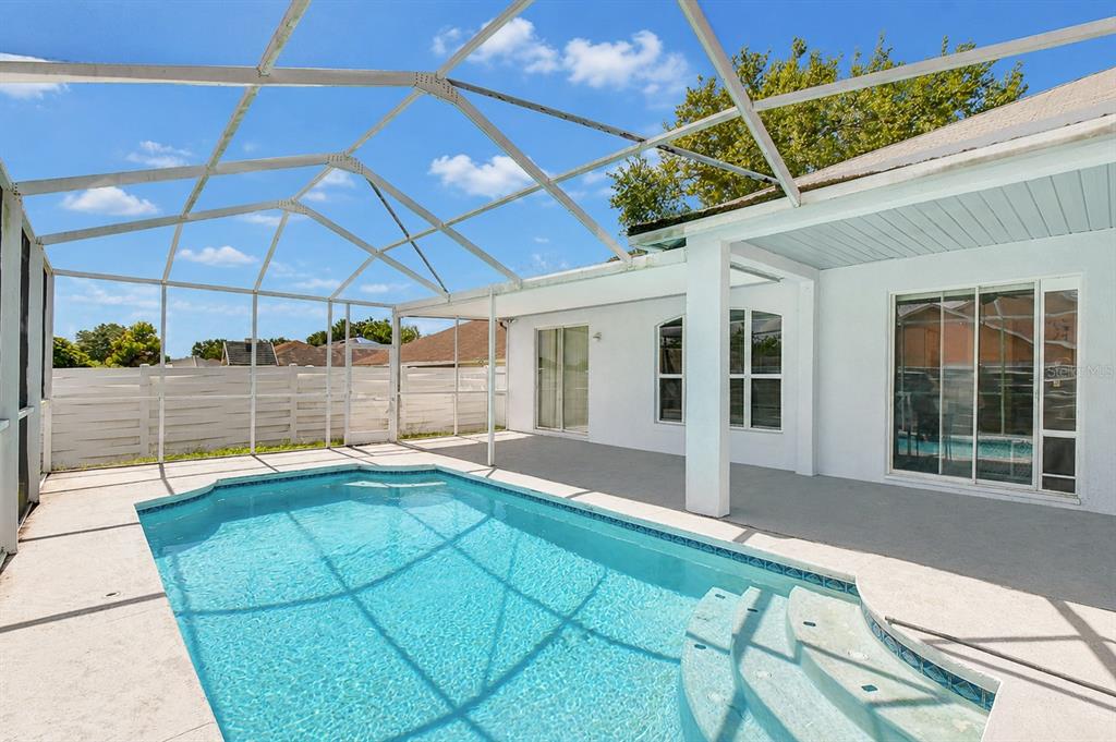 A swimming pool with steps sits inside a screened-in patio area next to a house — 4102 AMBER RIDGE LANE, VALRICO, FL