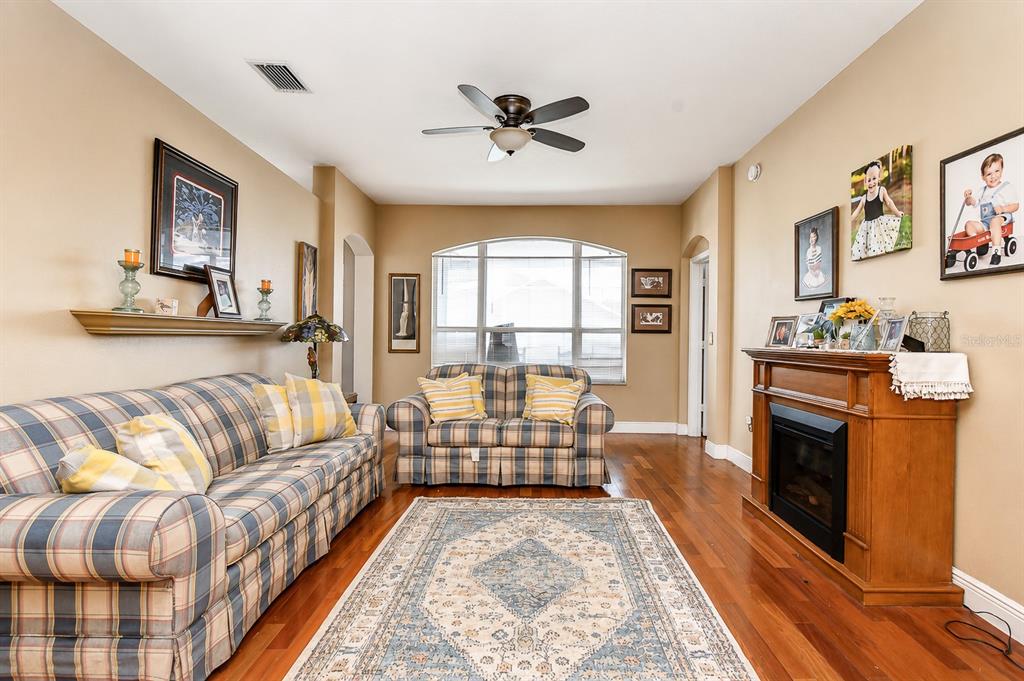 A living room features plaid sofas, a fireplace, hardwood floors, and a large arched window — 4102 AMBER RIDGE LANE, VALRICO, FL