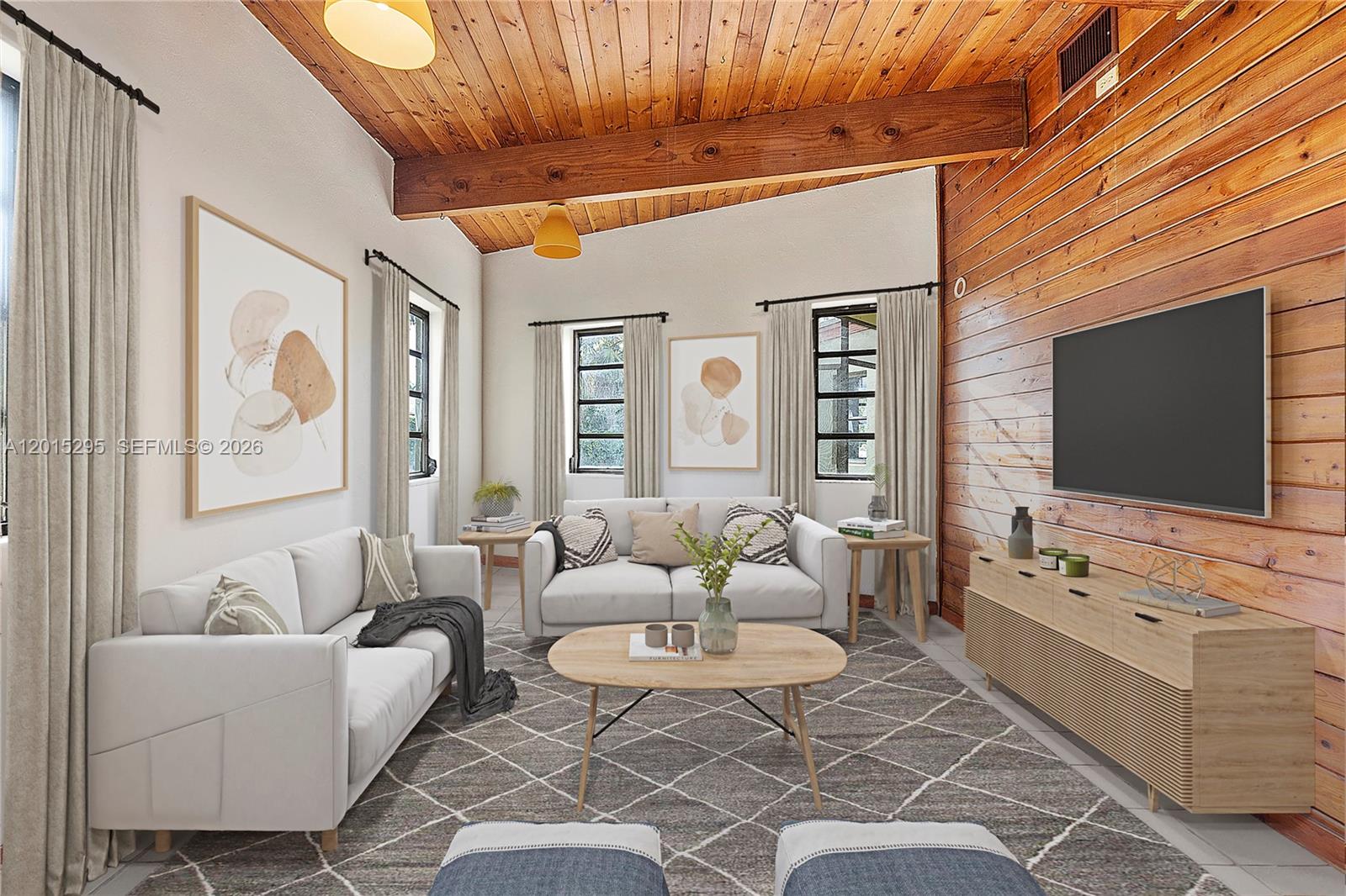 This is a digital rendering of a living room featuring a wood-paneled wall and ceiling — 4561 NW 79th Ave, Lauderhill FL 33351, LAUDERHILL, FL