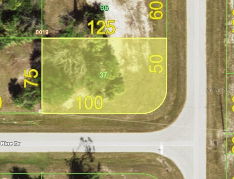 This is a map showing a corner residential lot with dimensions highlighted in yellow — 128 RED CEDAR PARK, ROTONDA WEST, FL