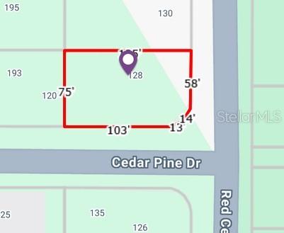 This is a map showing the property lines and dimensions of a residential lot — 128 RED CEDAR PARK, ROTONDA WEST, FL