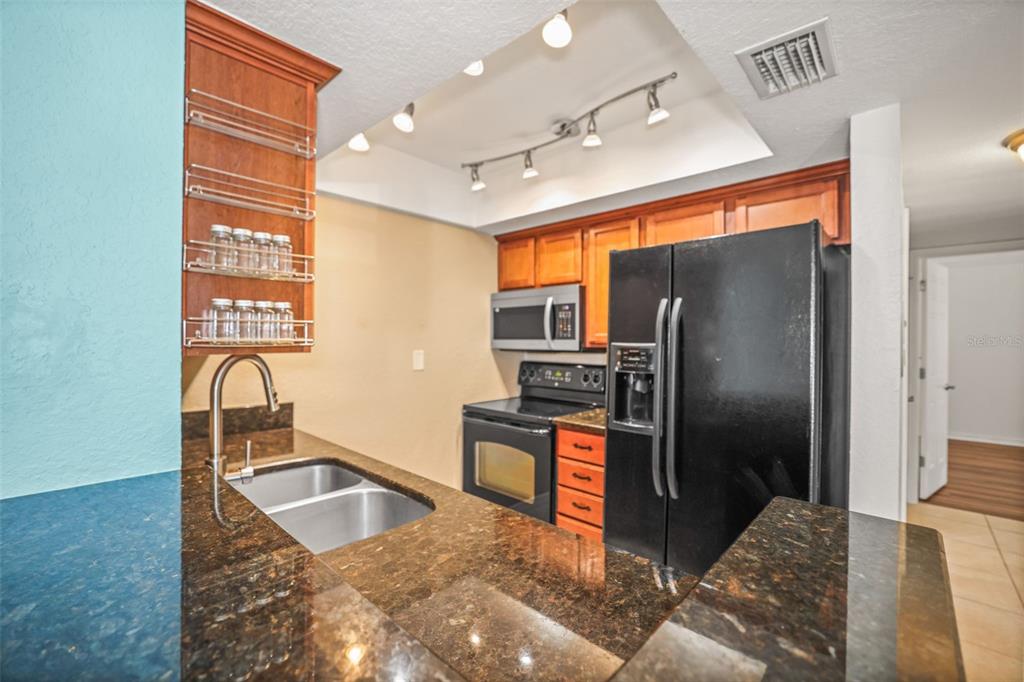 A kitchen features dark granite countertops, black appliances, wooden cabinets, and a track lighting system — 704 LYNDHURST STREET UNIT 624, DUNEDIN, FL