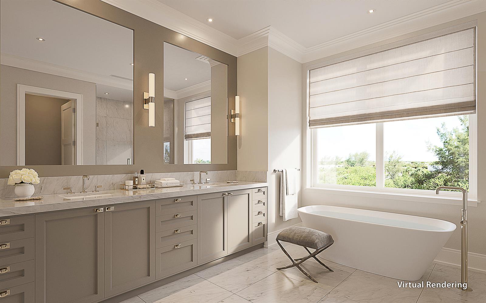 A virtual rendering of a bathroom featuring a double vanity, soaking tub, and marble flooring — 1011 Us Highway 1 # A202, Juno Beach FL 33408, JUNO BEACH, FL