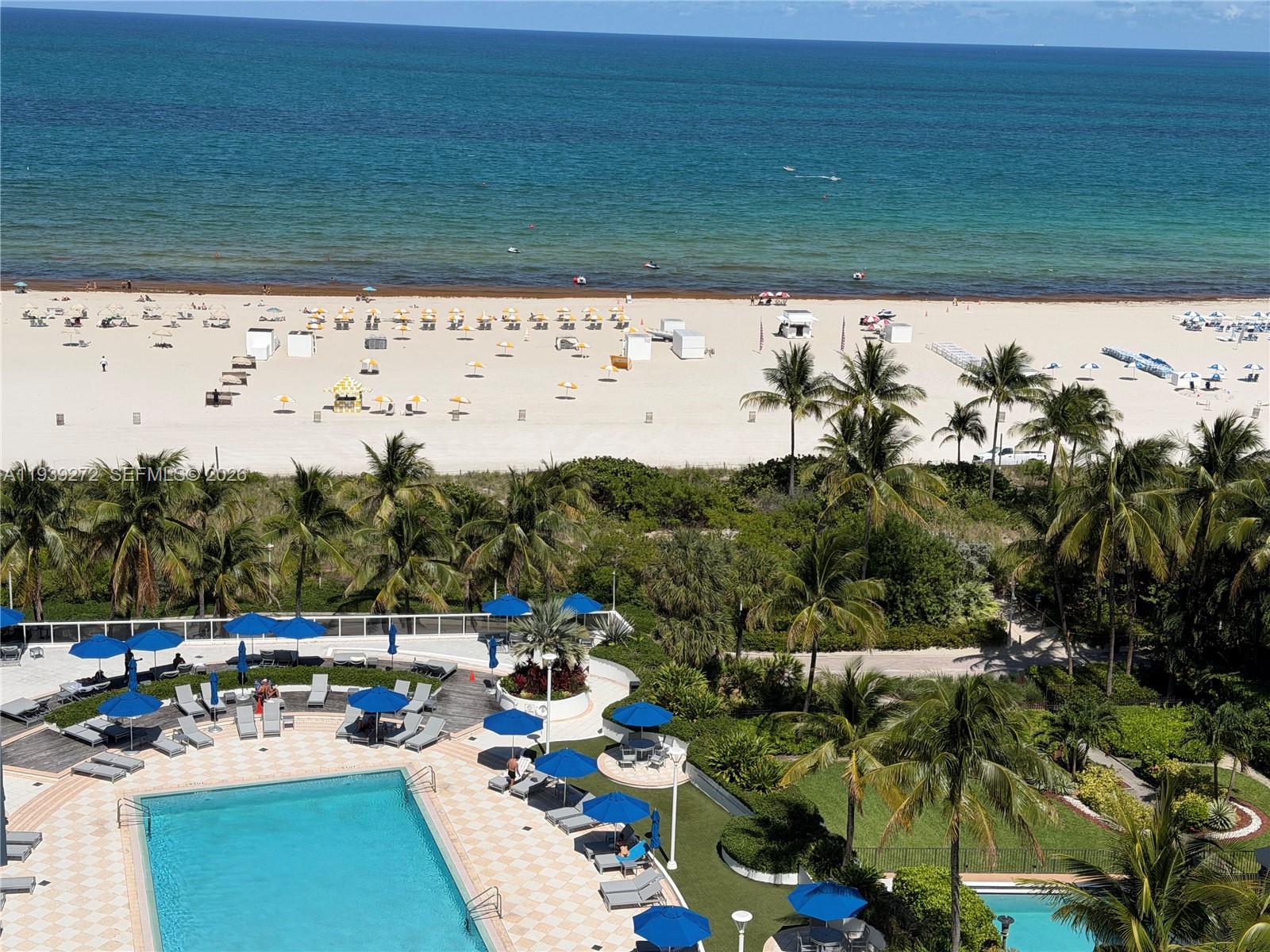 An elevated view shows a swimming pool deck, lush palm trees, and a sandy beach — 100 Lincoln Rd # 1230, Miami Beach FL 33139, MIAMI BEACH, FL