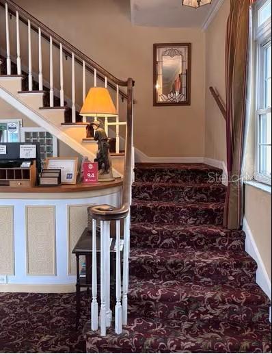 A staircase with patterned carpet leads upward next to a reception desk and a lamp — 342 3RD AVENUE N, ST PETERSBURG, FL