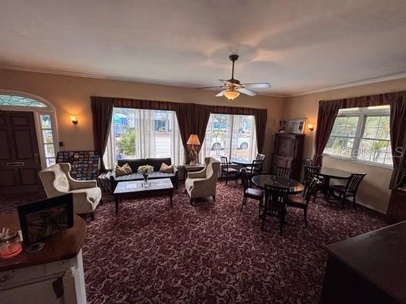 A spacious living room features patterned carpeting, a ceiling fan, and multiple seating areas — 342 3RD AVENUE N, ST PETERSBURG, FL