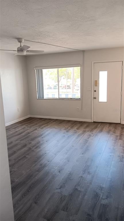 An empty room features gray wood-look flooring, a ceiling fan, and a white front door — 8402 111TH STREET UNIT 203, SEMINOLE, FL