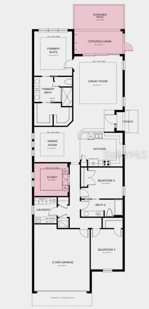 This is a floor plan for a single-story home with three bedrooms, a study, and garage — 14537 DERNA TERRACE, BRADENTON, FL
