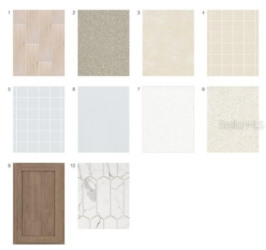 This image is a digital rendering showing ten samples of interior finishes and materials — 14537 DERNA TERRACE, BRADENTON, FL