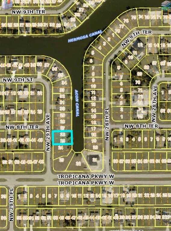 This is a map showing a residential lot highlighted in blue along a canal — 809 NW 29TH AVE, CAPE CORAL, FL