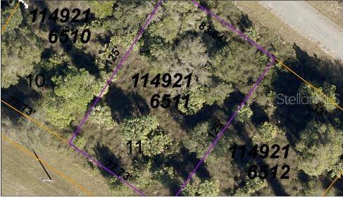 This aerial map shows a rectangular plot of land outlined in purple with property dimensions — HAMPSHIRE CIRCLE, NORTH PORT, FL