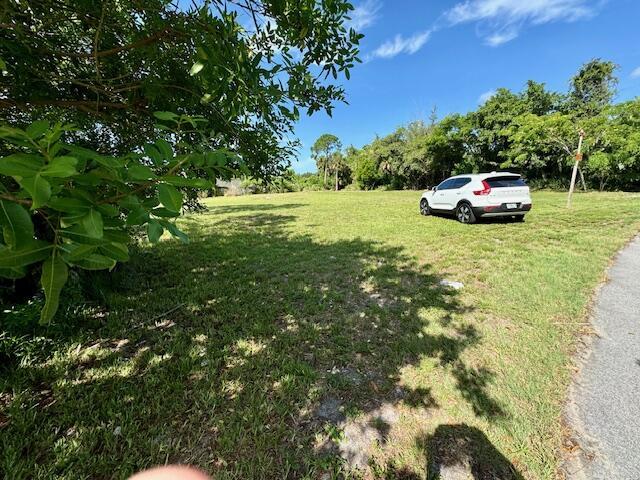 A white SUV is parked on a grassy, undeveloped lot bordered by trees and a road — 2350 Shenandoah Road NE, Palm Bay FL 32905, PALM BAY, FL