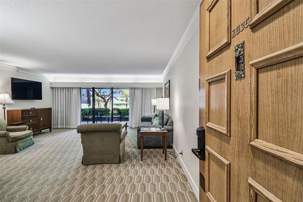 A view from a doorway into a carpeted living room with a sliding glass patio door — 36750 US HIGHWAY 19 N UNIT 08111, PALM HARBOR, FL
