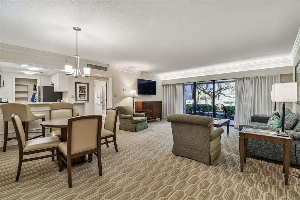 A furnished living and dining area features carpeted floors, a kitchen counter, and sliding glass doors — 36750 US HIGHWAY 19 N UNIT 08111, PALM HARBOR, FL