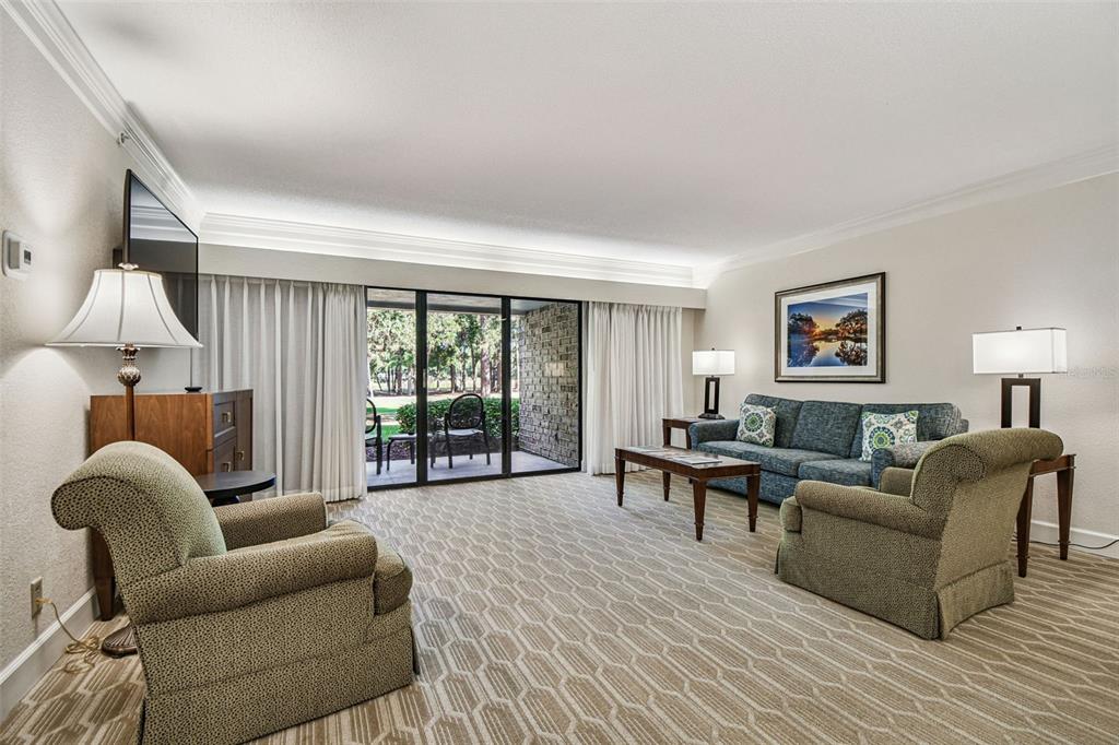 A living room features patterned carpet, a blue sofa, two armchairs, and sliding glass patio doors — 36750 US HIGHWAY 19 N UNIT 08111, PALM HARBOR, FL