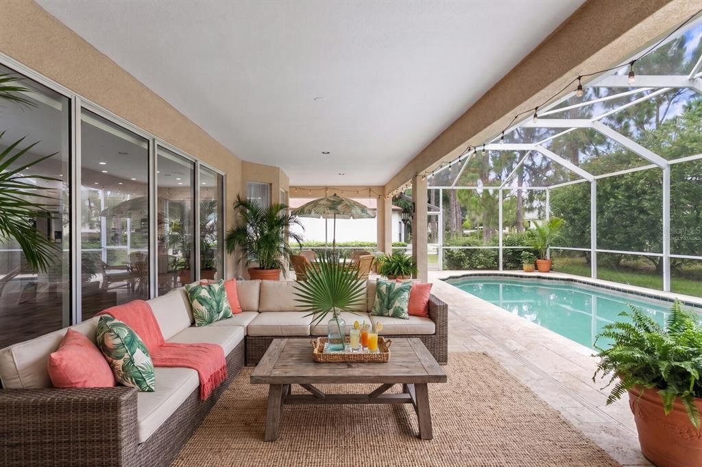 A covered patio features a sectional sofa, a wooden coffee table, and a swimming pool — 10411 CANARY ISLE DRIVE, TAMPA, FL